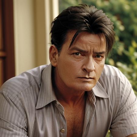 1boy, man, charliesheen, portrait, focus on face, solo, neutral, looking at the viewer, casual, <lora:Charlie_Sheen:1>