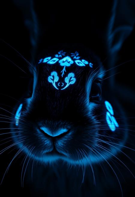 In a captivating, hyper-realistic image, a bunny's face is rendered in exquisite detail, with glow-in-the-dark face paint applied in a delicate, floral pattern. The paint glows with an intense, soft blue light, illuminating the surrounding fur and casting a gentle, ethereal glow on the bunny's twitching nose and whiskers. The bunny's eyes shine with a sweet, innocent expression, as if it's unaware of the magical aura surrounding its face. The glow-in-the-dark paint is rendered in precise, photorealistic detail, with subtle texture and shading that creates a sense of depth and dimensionality. The surrounding darkness is pitch black, making the glowing paint seem even more vibrant and enchanting, as if the bunny's face is radiating a gentle, lunar light. Highest-Quality, 4k, intricate details, visually stunning, Masterpiece