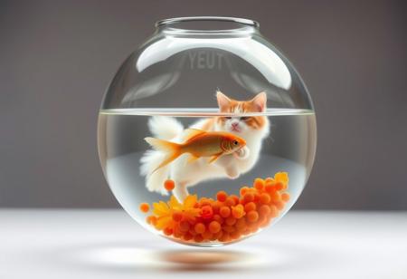 a fish bowl orbiting around a cat