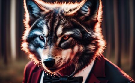 a aggressive wolf (wearing a suit:1.3) in the forest at night, dark colors, moonlight, wisps of smoke