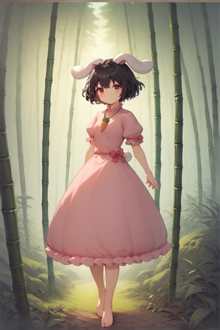 inaba tewi, pink dress, short hair, black hair, red eyes, rabbit ears, floppy ears, puffy sleeves, ribbon-trimmed sleeves, ribbon-trimmed dress, carrot necklace