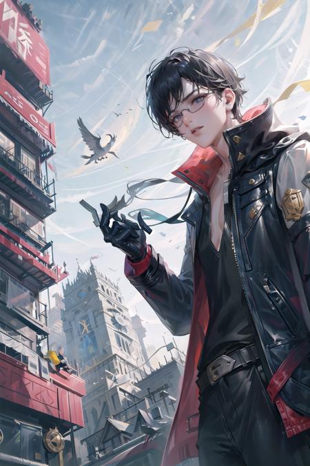 masterpiece,best quality,ultra-detailed, <lora:STF-000004:1>,STF,male_focus,cowboy shot,
1man, black glasses, long leather coat, leather pants, black sleeveless shirt, holding a pistol in both hands, Kreeves, on the top of a building with a heliport, clear day