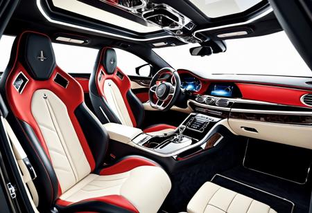 The very grande interior of a futuristic car, showcasing full leather trim in exquisite detail. The seats are hand-stitched in black and red leather, with deep tufting and polished caron fiber an aluminum lining the doors and dashboard. Soft ambient lighting glows gently from under the armrests and along the footwells. Crystal decanters and bespoke champagne flutes sit in the center console. Every surface gleams with quiet luxury — a true sanctuary of refined elegance and British craftsmanship.