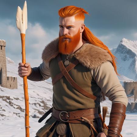 (Irish male warrior, clothes, natural color orange hair, holding a spear made of bone, winter fortress background), ultra realistic, masterpiece, 8k, 16k, 32k, high resolution, extremely detailed, highest quality, sq_celtic, perfect design patterns, Cinematic