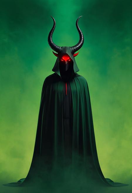 surreal minimalism, demonic figure, glowing red eyes, twisted horns, bold flat colors, dark cloak, negative space, abstract symbolism, haunting atmosphere, simplified forms, psychological horror, muted green background, surreal storytelling, expressive silhouette, poetic abstraction, graphic surrealism, mysterious contrast, dreamlike tension