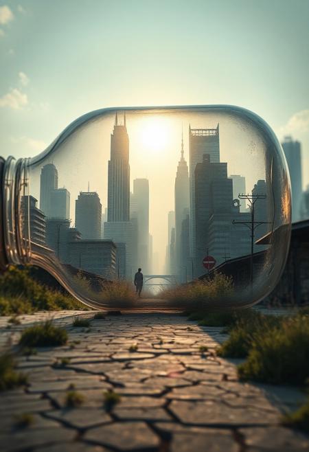 In a huge glass bottle, there is a desolate city, the skyscrapers that once towered into the sky, but now lie in ruins - the forgotten city. Its streets, once bustling with life, now lie quiet, suffocated by weeds and memories. The sun barely dared to penetrate the thick haze, casting long shadows on the cracked pavement. Cinematography, cinematic mood, cinematic light, striking composition, storytelling elements, conveying emotion, mood and narrative depth, creating visually compelling images that feel like still frames in a film, wide angles, chaotic huts in a blurred background. Vibrant, realistic, realistic, dramatic, dark, sharp focus, 8k.