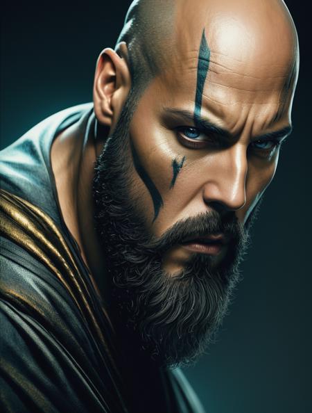 ultra detailed artistic photography, A man with bald and black eyes, a ninja, carries a sword, tattoo, glimmer, shadows, oil on canvas, brush strokes, smooth, ultra high definition, 8k, unreal engine 5, ultra sharp focus, art by alberto seveso, artgerm, loish, sf, intricate artwork masterpiece, ominous, matte painting movie poster, golden ratio, trending on cgsociety, intricate, epic, trending on artstation, by artgerm, h. r. giger and beksinski, highly detailed, vibrant, production cinematic character render, ultra high quality model