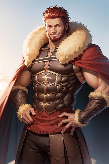 (masterpiece, best quality:1.2), <lora:fate_iskandar-10:1>, cowboy shot, solo, male focus, 1boy, iskandar, mature male, muscular male, grin, looking at viewer, hands on hips, armor, fur-trimmed cape