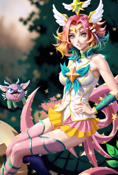 by jeremy mann, by sandra chevrier, by dave mckean and richard avedon and maciej kuciara, high detailed, 8k, highres, (((star guardian neeko))), (((anime))), neeko \(league of legends\), league of legends, full body, 1girl, solo, orange hair, green hair, multicolored hair, pink hair, pink tail, green hands, green feet, symbol-shaped pupils