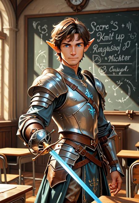 score_9_up, score_8_up, score_7_up, score_6_up. masterpiece, best quality, good quality, very aesthetic, absurdres, semirealism, RapierXL, cl4ssrm, fantasy, 8K, depth of field, focused subject, Elf knight:1.3, 19yo male, androgynous, pointed ears, short brown hair, male haircut, blue eyes, wearing detailed armor, knight's armor, standing, light smile, holding sword, rapier, weapon, blue glowing sword,  indoors, chalkboard, classroom, podium, school desks,