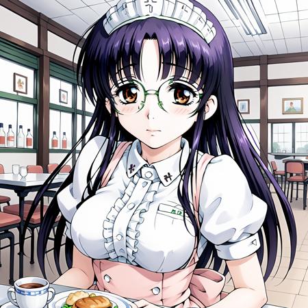 SUTomo,1girl,black hair,purple hair,long hair,bangs,brown eyes,eyewear, waitress headdress, waitress,white shirt,turtleneck,pink dress,pink apron, pencil_skirt, mini skirt,