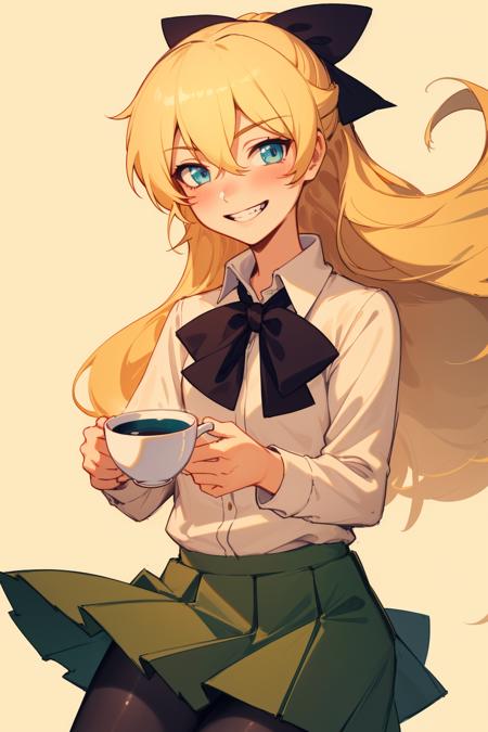 masterpiece, highest quality, best quality, 1girl, solo, looking at viewer, holding tea cup, 
satou lilly, blind, blue eyes, black bow, blush, hair between eyes, hair blowing, katawa shoujo, long hair, pantyhose, school uniform, skirt, blonde hair, green skirt,   <lora:my_SatouLilly_v1:0.4>
lozhkin, big smile, accurate teeth with gaps <lora:lozhkin_V1:0.2>