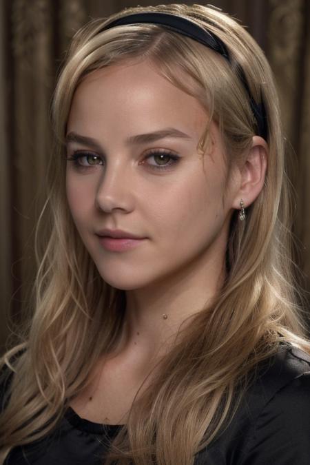 real, masterpiece, best quality, (detail skin texture, ultra-detailed body),
<lora:AbbieCornish_smf_lora_v02:0.9>, 1girl, 4b6i3c-smf, solo, blonde hair, hairband, realistic, long hair, lips, black shirt, upper body, expressionless,  brown eyes, smile