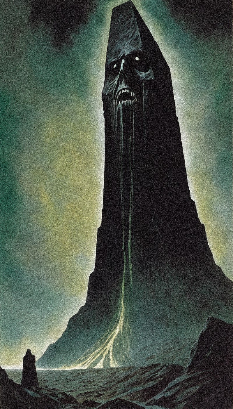 grimoire_noir, giant monolith with screaming face
