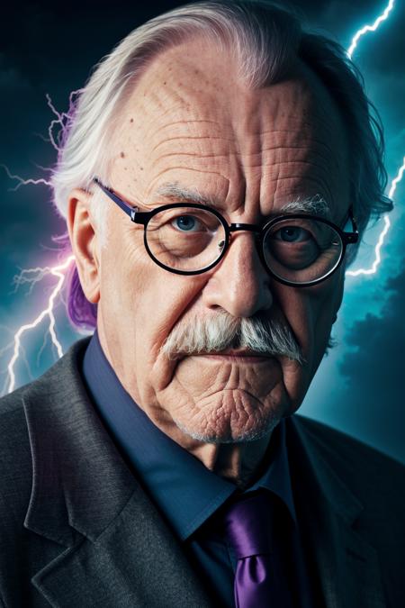 lightning strikes, abstract, high quality, UHD, Luminous Studio graphics engine, violet, cyan, octane render, cloudy haze, fiery members, old man Carl Gustav Jung with glasses and mustache portrait