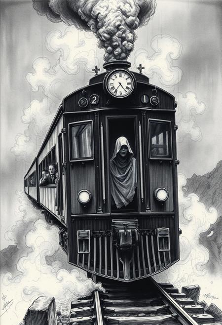 A ghostly train traveling through a storm, its passengers faceless and slowly dissolving into smoke
surreal nightmarish realism, intricate ink cross-hatching with hyper-detailed painting, cinematic dramatic lighting, eerie ghostly landscapes, psychologically intense figures, twisted dreamlike horror, deep chiaroscuro shadows, dark atmospheric storytelling