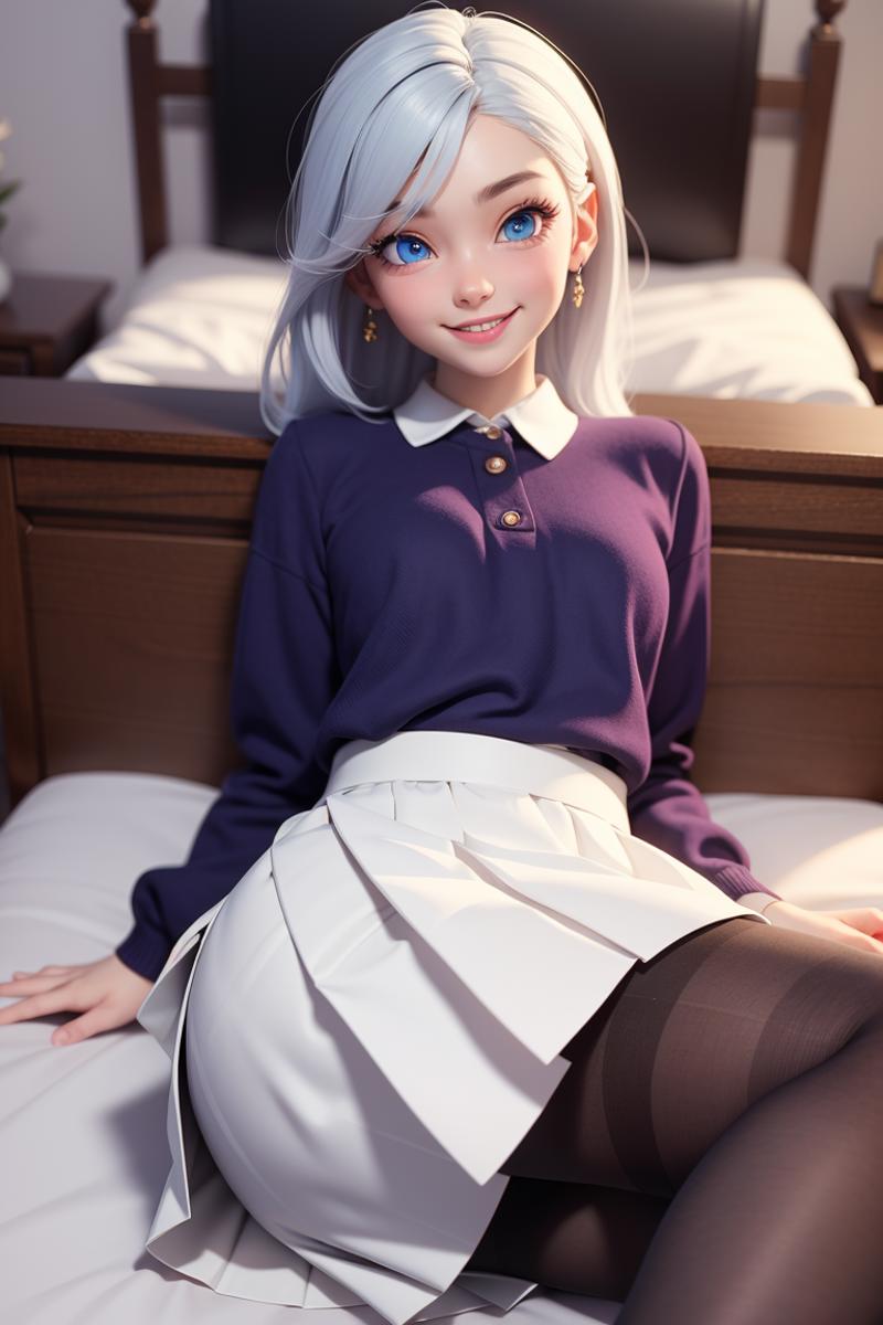 A doll with a white skirt and a purple top is laying on a bed.