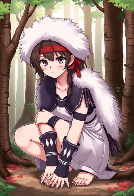 Princess Mononoke,  ,  ,  ,  San, 1girl, full body, squatting, solo, short hair, brown hair, gray eyes, headband, face paint, earrings, white sleeveless top, navy under dress, arm cuffs, fur headdress, fur cape,      , female focus, looking at viewer,  , forest,