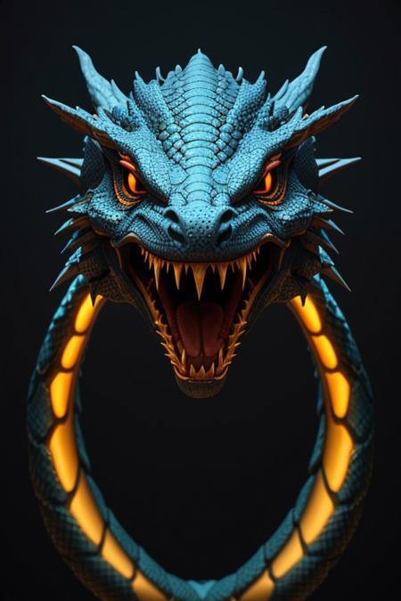 Asian dragon, gold blue snake gradient vibrant neon colour, rough, textural, broad brush strokes, red color prominent detailed, alienzkin, silhouette, spotlight, dark theme, c4d, blender, raytracing, unreal engine 5, render 3d, face close up,