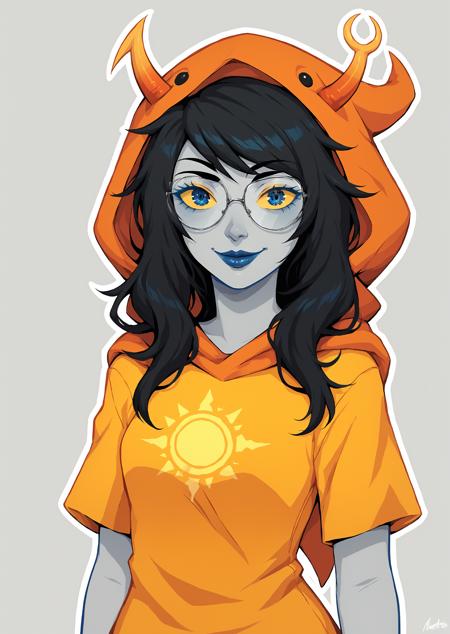 vriskaserket grey skin, yellow sclera, long black hair, horns vriskastart, jeans, tank top, jacket, shirt print, sneakers vriskadress, white dress, thighhighs vriskagod, orange clothes, hood, sun print, t-shirt, orange pants, red boots