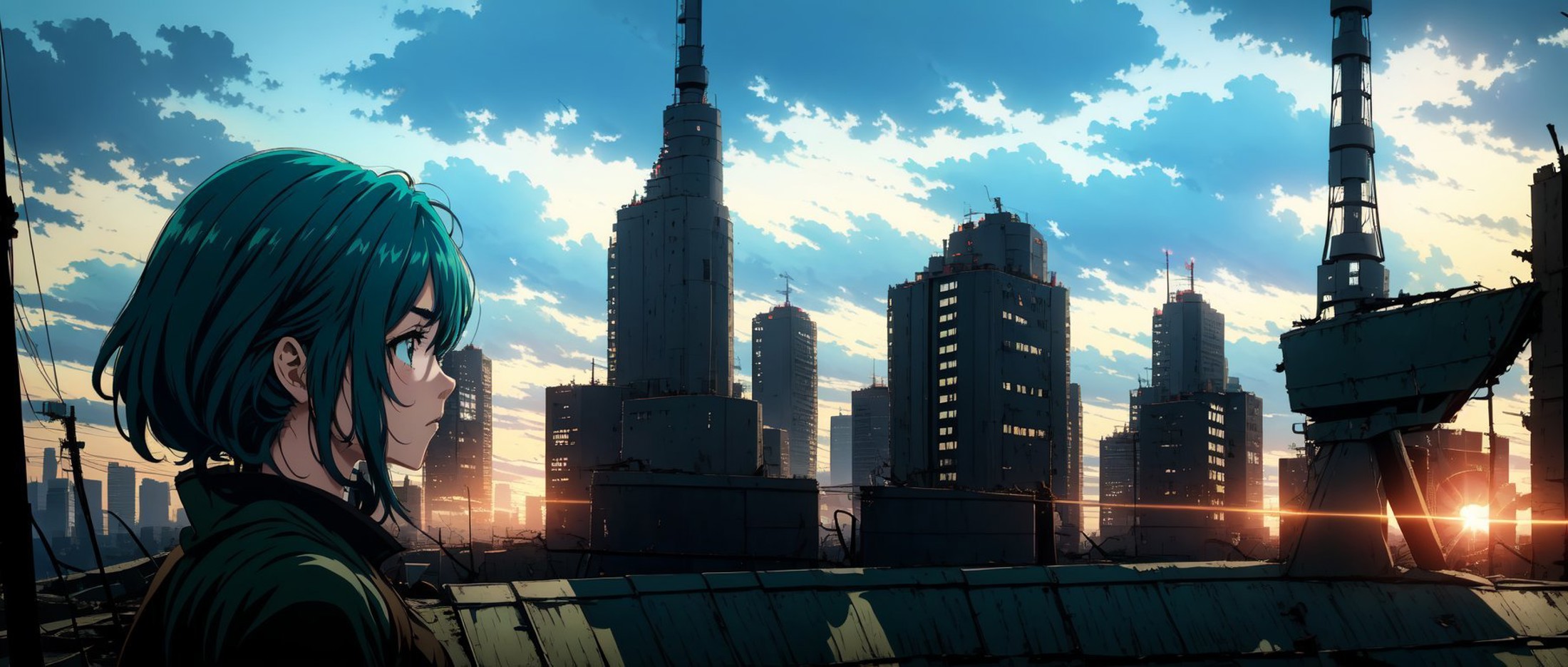 solo anime gorgeous masterpiece portrait post-apocalyptic scene of a woman focus, solo focus, medium long fluffy teal hair...