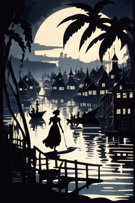 <lora:Lotte Reinige Style:1>Lotte Reinige Style - Victorian times. Night. By the light of a crescent moon a dark haired young lady in a long white night gown sleepwalks through a seaside fishing village. in the style of Lotte Reiniger.