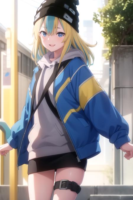 Kamanouchi Kano beanie,black headwear,long hair,blonde hair,two-tone hair,hair between eyes,sidelocks,bangs,blue hair,streaked hair,multicolored hair,blue eyes blue jacket,open clothes,open jacket,drawstring,hood down,puffy long sleeves,hoodie,button badge,grey shirt,belt buckle,black skirt,thigh strap,white socks,blue footwear