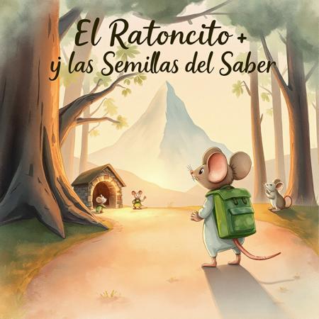 A heartwarming children's book cover illustration for a story titled El Ratoncito y las Semillas del Saber. A small, tender mouse stands on a soft forest path at sunrise, wearing a tiny green backpack. The mouse gazes up toward a tall, misty mountain in the distance, symbolizing a journey of knowledge. Behind the mouse, a warm mouse burrow is nestled under tree roots, glowing softly with golden light. A gentle mouse family — a mother, a sibling, and a small elderly mouse — waves goodbye with love and pride. The style is whimsical, storybook-like, with soft watercolor textures, pastel colors, and expressive faces. The atmosphere is emotional but hopeful, showing both the love of the family and the courage of the little mouse. The title El Ratoncito y las Semillas del Saber appears at the top in hand-drawn, friendly lettering, like a classic illustrated tale for children.