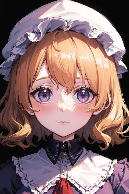 best quality, ultra high res, 1girl,  <lora:maribel_hearn:0.65>, maribel hearn, white soft hat, short wavy hair, blonde hair, purple dress, upper body, portrait, close-up, looking at viewer,