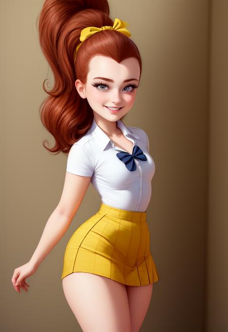 (masterpiece:1.4), (best quality:1.4), (high resolution:1.4), cartoon style, LuanLoud <lora:LuanLoud:1>, smile, brown hair, pale skin, cowboy shot, white shirt, yellow mini skirt, looking at viewer, detailed face, detailed eyes, small breasts, curvy, ribbon, ponytail, buckteet, artstation female body, from the front, dynamic pose, solo, 1girl, <lora:add_detail:0.7>