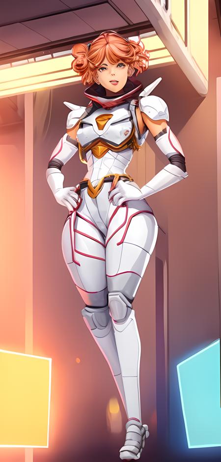 a female character stand on the white floor, chemistry factory background, <lora:ApexLegends:1.0>