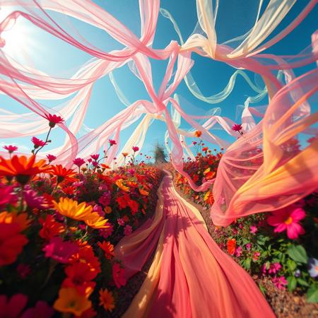 (surreal fantasy photo:1.4), (vibrant:1.2), (whimsical:1.2), (dreamlike:1.2), high saturation, bright colors, ethereal lighting, dynamic movement, wide-angle, imaginative, otherworldly, colorful flora, flowing fabric, 24mm lens, f/4, fantastical, enchanting