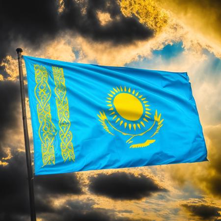 the Kazakhstan  flag,KazakhstanFlag,Hyperrealistic,Hyperdetailed,realistic,masterpiece,best quality,ultra realistic,High Detail,<lora:AsiaFlags01-000002:1>,Cinematic Lighting,in winter,rain,rainy days,cloudy,city,cityscape,street,