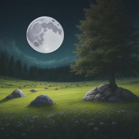 masterpiece, high quality, absurdres, best quality, very aesthetic, eternal field, field of rocks, moon, trees,