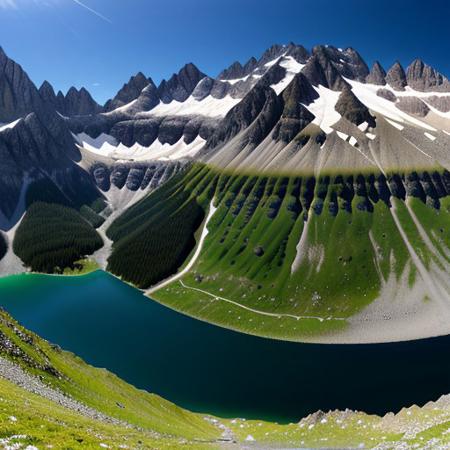 mountain, lake, clear water, best quality, alpine mountains, mountain village, photorealistic, realism,