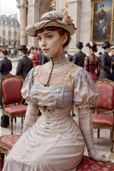 masterpiece, uhd, sharp color  photo of a pretty lady wearing a dress, with a hat on, sitting at a Parisian cafe<lora:1900_dress_v2:0.9> 1900_dr3ss