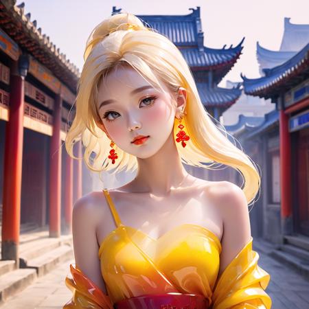 <lora:琉璃少女xl1V10:0.7>,a girl formed of colored glaze,chinese woman,gradient color,1girl,earrings,jewelry,solo,upper body,bare shoulders,makeup,city,east asian architecture,street,yellow hair,yellow clothes,