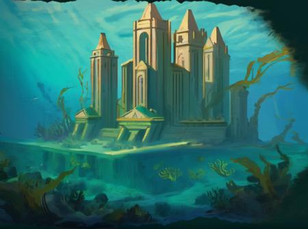 An underwater city, emerald buildings with gold details, seafloor with kelp and coral forests in the background, Atlantis, (Civ6BG painting style) <lora:Civ6BG-000009:1>