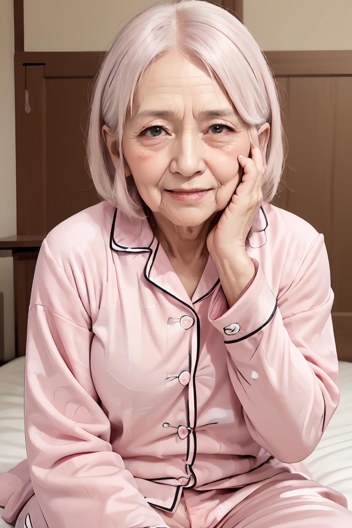 masterpiece,(high quality, best quality:1.2), smile, 80 years old woman,(an old lady nasolabial folds on face pink pajamas...