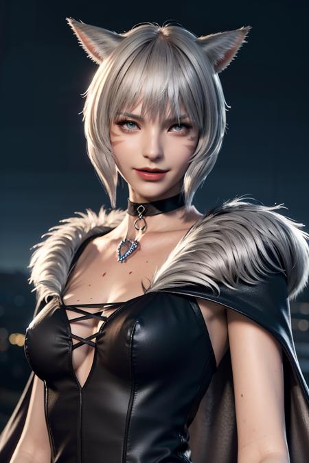 (8k, RAW photo, best quality, masterpiece:1.2), (masterpiece),(best quality:1.3),(ultra detailed:1.2),(highres:1.1), (extremely detailed CG), best quality, ultra-detailed, beautiful, , {{{1 girl}}},mature female,miqo'te, medium breasts, sweating,, collar, 1girl, grey_eyes,white_hair,short hair,  choker, solo,  cat ears, cat tail,   naughty face, see-through,, slit pupils, shiny skin, looking at viewer, neck_tattoo,facial_mark, fur_coat, fur_cape,,night, moonlights, depth of field, black mage, witch,gem,   <lora:russianDollLikeness_v3:0.2> upper body, <lora:Y shtola Rhul_20230626015810:0.7>