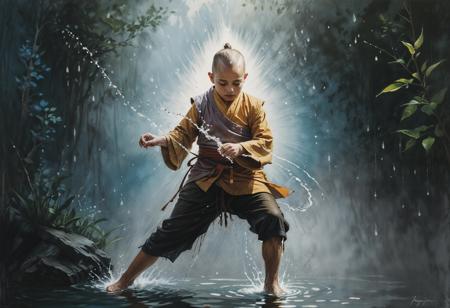 (masterpiece), (best quality), (ultra detail), Charcoal and chalk drawings. Sketch (Hyperrealism). A small boy with a shaved head Tibetan monk and in traditional beige clothes performs magic of the element of water, and around him (((huge drops of water float in the air: 1.4))). The action takes place in a mystical snowy landscape with a serene, magical atmosphere. The boy has a distinctive tattoo on his forehead, and he purposefully controls the water with gestures. The background includes soft, snow-covered forest structures and a cool color palette with blue and white tones. Inspired by a scene from the movie The Last Airbender, painting in the style of Anders Zorn, Alexi Brilo, Luisa Royo
