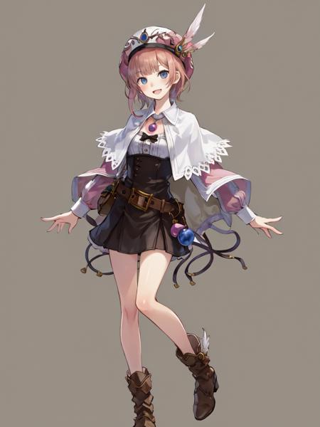 charrorona, 1girl, solo, boots, belt, simple background, smile, full body, short hair, dress, open mouth, hat, cape, black bow, pendant, skirt, jewelry, arms at sides, hat feather, looking at viewer, bare legs, <lora:roronav1g:0.9>