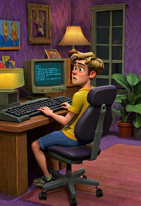 score_9, score_8_up, score_7_up,  novuschroma51 style, 1boy, solo, man, sitting, chair, typing on a keyboard, a big computer monitor, living room