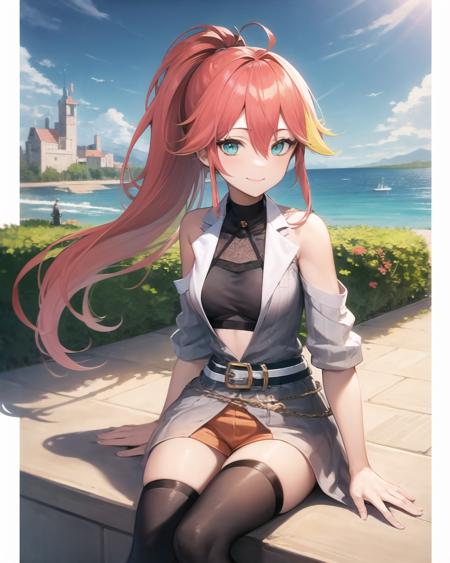 best quality, (masterpiece:1.2), illustration, absurdres,
(1girl, solo), (beautiful detailed girl), 
<lora:Judith-11:0.9>, Judith Ranster, orange hair, streaked hair, multicolored hair, ponytail, ahoge, aqua eyes, small breasts,
crop top, open dress, detached sleeves, belt, orange shorts, black thighhighs, aqua high heels,
garden, distant sea, distant ocean, mediterranean buildings, white buildings, castle on top of hill,
smile, looking at viewer,