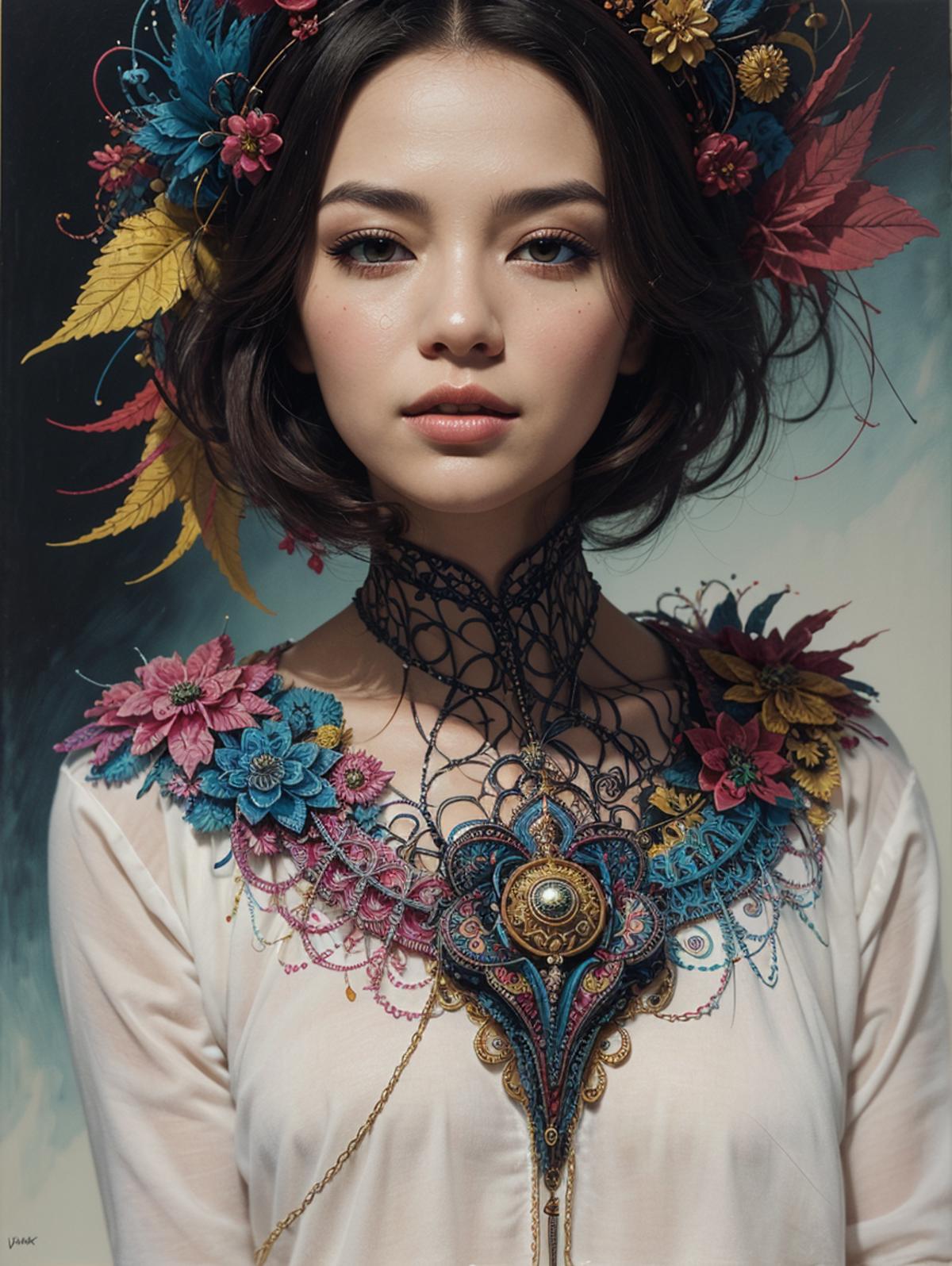 A woman with a flower crown and a lace choker necklace.