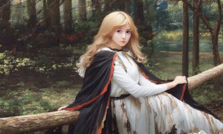 in forest; solo, waifu with blonde hair, blue eyes, white dress and black cape, sitting on tree branch; exceptional, best aesthetic, new, newest; golden ratio, perspective; painting by John William Waterhouse