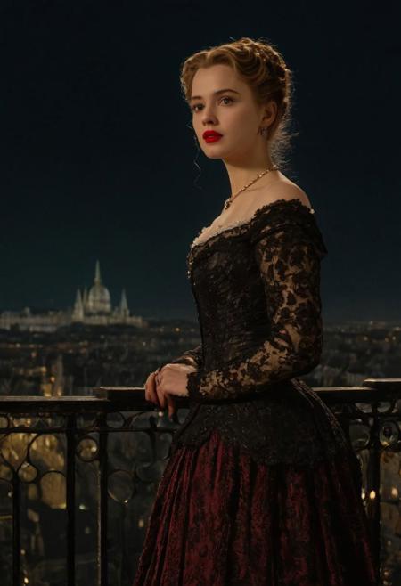 victorian era hungarian female xix century female, , standing top balcony overlooking city night time and in the 19 century england, holding handrails, watching sky, hazel hair, red lips, pretty features, Wadim Kashin, James Gurney, amazing beauty , Royo, Bak, hyper detailed Splash art modern European, Movie Still, Film Still, Cinematic, Cinematic Shot, Cinematic Lighting, very dark night, gorgeous starlit night sky, key-light, catch-light, bokeh, half body shot, extreme realism,