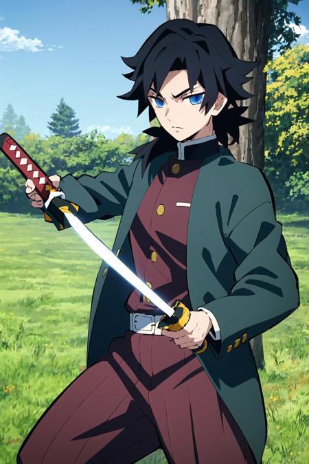 tomioka giyuu, demon slayer, 1boy, solo, upper body, nature, tree, grass, blue sky, katana, sword, holding katana, fighting stance, looking at viewer, long hair, blue eyes, black hair, standing, jacket, male focus, japanese clothes, black jacket, demon slayer uniform, <lora:Giyu_Tomioka:0.7>