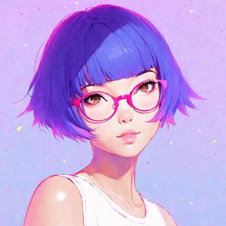 1girl,t-shirt, short hair, glasses, smile, pink lips, blue hair, pink left eye, yellow right eye, looking at viewer, heterochromia, pixiv, anime, masterpiece, best quality, exceptional, aesthetic, by ilya kuvshinov