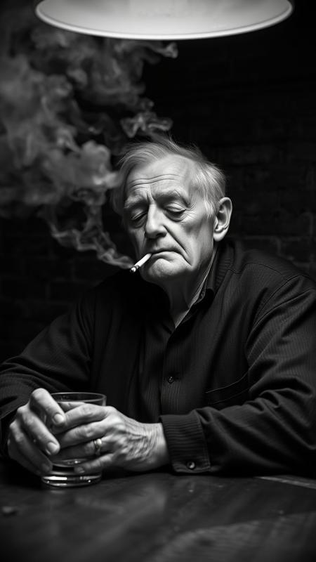 a portrait of an old man sitting at a bar table. The man has its eyes half closed, relaxing with a cigarette and a glass of whiskey. a large cloud of smoke blocks half of the view. almost black background showing a coarse brickwork. black and white photograph, film noir, lighting from behind. Camera settings:ISO 3200, f/8, shutter 1/200